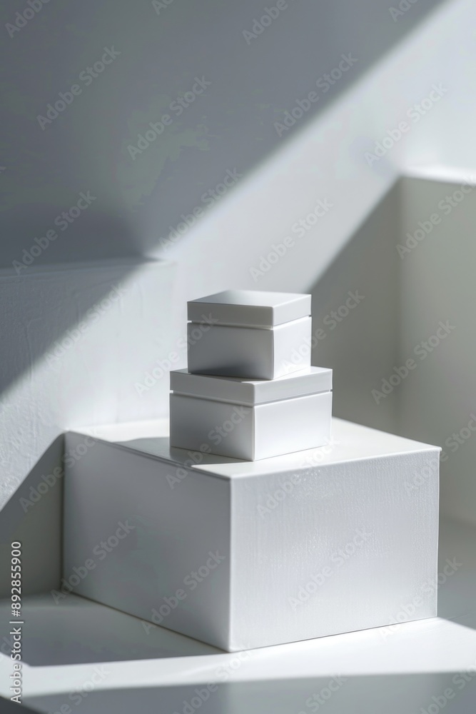 Poster stacked white boxes stored on a table, great for office or home use