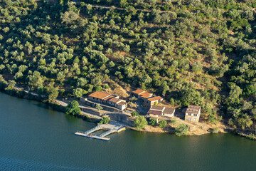 Naklejka premium Tagus river that borders Portugal and Spain between the towns of Malpica do Tejo and the town of Herrera de Alcantara-Spain.