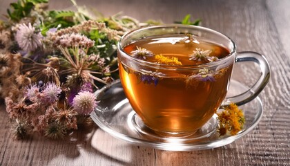 Cup of herbal tea with wild flowers and various herbs