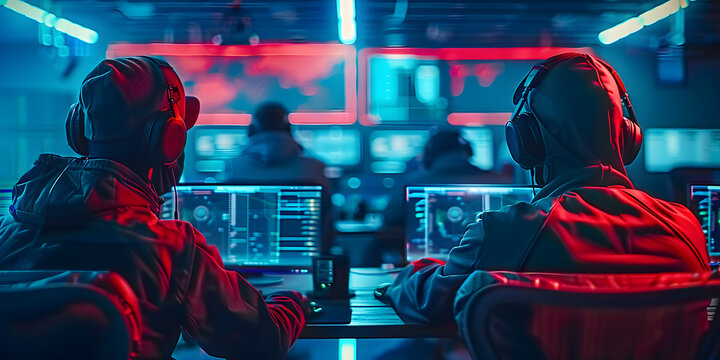 Hightech scene with blue and red teams in hacker attire defending network. Concept Cybersecurity, Hacker Defense, High-Tech, Blue Team, Red Team