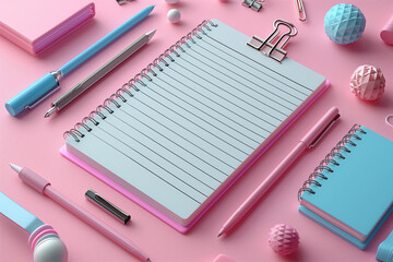 vector of a blank notebook surrounded by school supplies on a pastel background in a flat lay with copy space for text and illustrations.