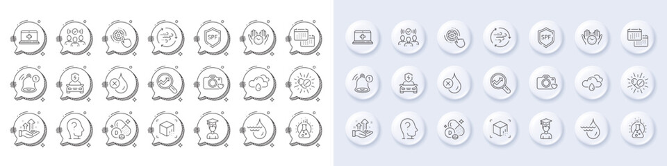 Student, Chemistry lab and Medical drugs line icons. White pin 3d buttons, chat bubbles icons. Pack of Medical help, Reminder, No waterproof icon. Vector