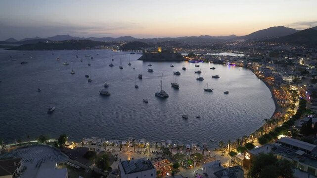 Bodrum Castle and City Streets in the Summer Season Drone Video, Bodrum Mugla, Turkiye (Turkey)

