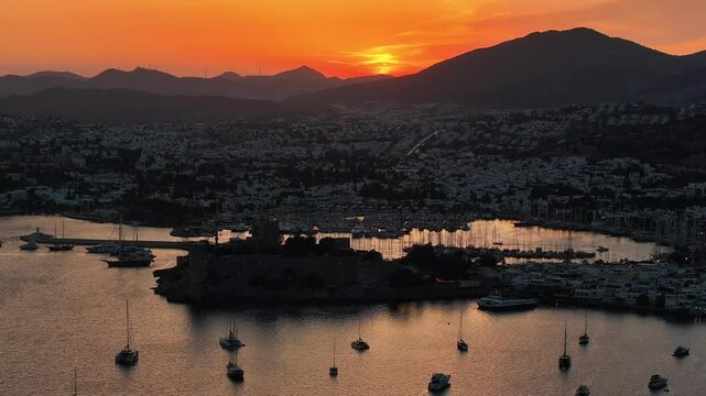 Bodrum Castle and City Streets in the Summer Season Drone Video, Bodrum Mugla, Turkiye (Turkey)

