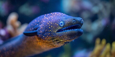 Close-up of a moray eel with a speckled pattern swimming underwater