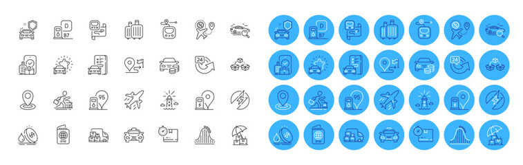 Cardboard box, Car review and Car secure line icons pack. Journey, Carry-on baggage, Plane web icon. Parcel shipping, Passport, Taxi pictogram. Delivery insurance, Electric energy, Metro map. Vector