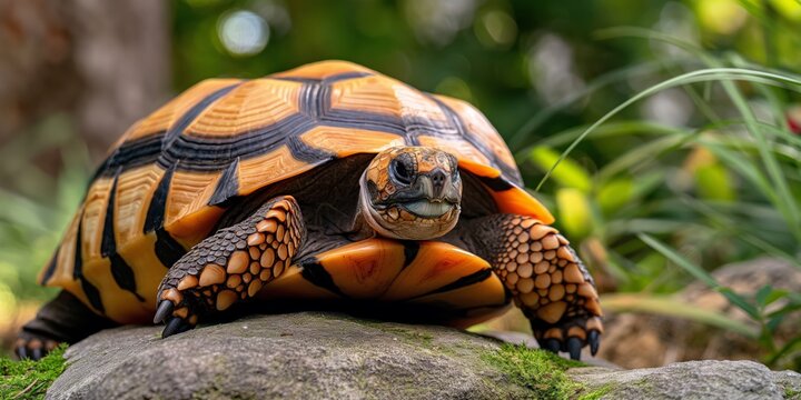 A turtle with a patterned shell resting on a moss-covered rock in a natural setting