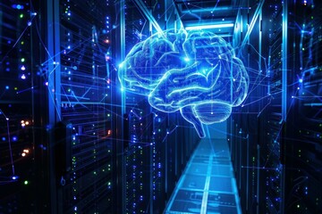 Obraz premium Illustration of a glowing digital brain floating in the center of a hightech server room