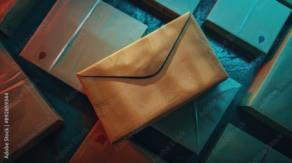 Poster a simple, everyday scene with a brown envelope resting on a table