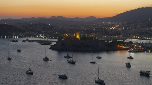 Bodrum Castle and City Streets in the Summer Season Drone Video, Bodrum Mugla, Turkiye (Turkey)

