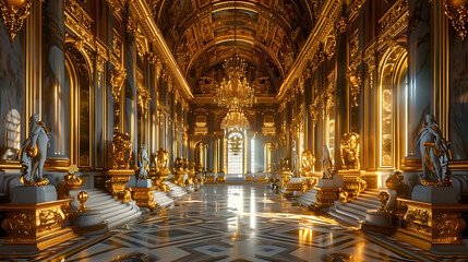 Fototapeta premium Golden Hallway With Statues and Chandeliers in a Grand Palace