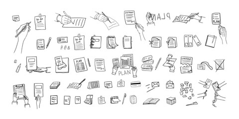 Set of business elements with documents, pen in hand, pencil in hand, planning notebook, note paper, diary, paper, documents, contracts, calendar. Great for stickers, professional design. Hand drawn