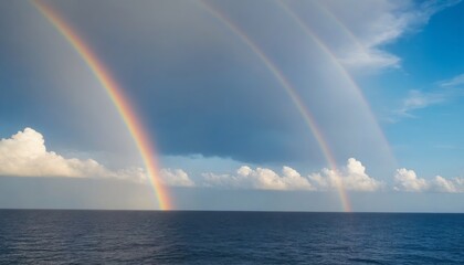 Rainbow over the ocean, cloudly blue sky