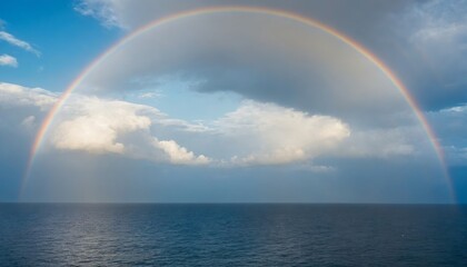 Rainbow over the ocean, cloudly blue sky