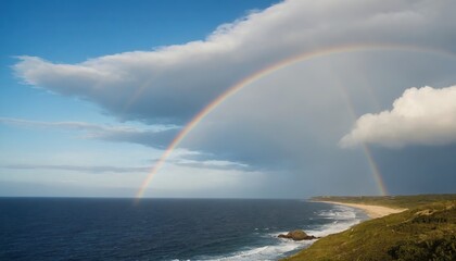 Rainbow over the ocean, cloudly blue sky