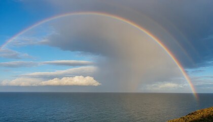 Rainbow over the ocean, cloudly blue sky