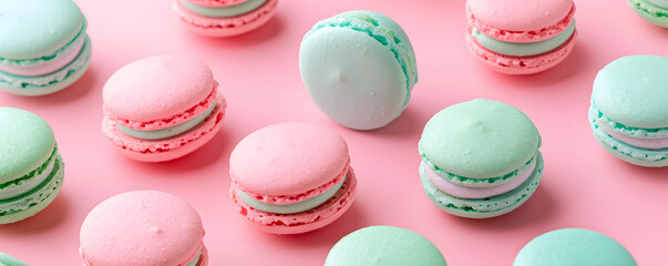 Fototapeta premium Close up pattern of macaroons on blurred pink background with copy space. Pastel pink and mint macaron cookies. French sweet meringue dessert with cream. Сoncept banner for pastry, bakery, cafe.