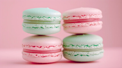 Obraz premium Close up photo of macaroons on pink background with copy space. Stack of pastel pink and mint macaron cookies. French sweet meringue dessert with cream. Сoncept banner for pastry, bakery, cafe.