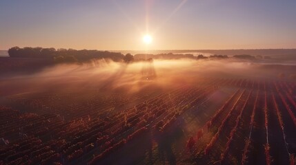 Misty autumn vineyard at sunrise. Autumn vineyard aerial