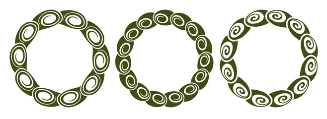 Three circles with swirls on them. The circles are green and white