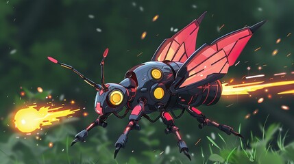   A red and black insect with yellow eyes on its back legs and two yellow eyes on its back legs