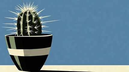   Cactus in Black Pot with White Stripe and Blue Sky
