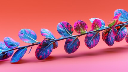 Fototapeta premium A close-up of a plant stem with leaves against a pink and red backdrop, featuring both pink and blue elements in the background
