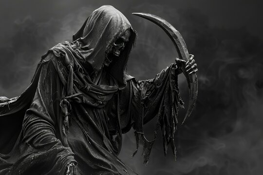Monochrome image of the grim reaper holding a scythe amidst mist
