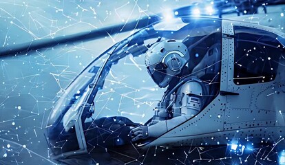 young robot pilot sitting in the helicopter cabin and looking front, with future high speed lines data flow, blue data, aircraft, future technology data, aerial view - Powered by Adobe