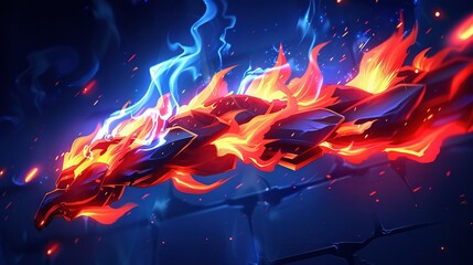   Red and Blue Object on Dark Background with Flames and Fence