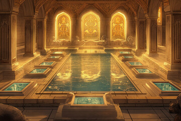 Obraz premium The lavish Persian bath house at Persepolis, glowing in a warm, golden light, features detailed stone carvings and ornate tiles adorned with depictions of mythical creatures