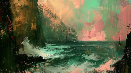   A vast water landscape featuring a towering cliff and a sky dotted with blush pink and vibrant green clouds