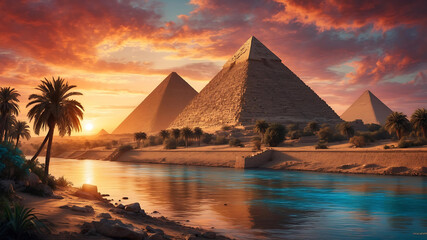 A breathtaking landscape of ancient Egypt with pyramids and the Nile River at sunset