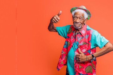 Obraz premium Elderly black man giving thumbs up in colorful outfit against orange background. Concept for positive attitude, unique style, and vibrant lifestyle