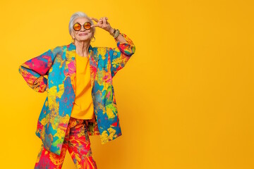 Elderly white woman in colorful outfit adjusting glasses against yellow background. Concept for fun personality, unique style, and joyful senior