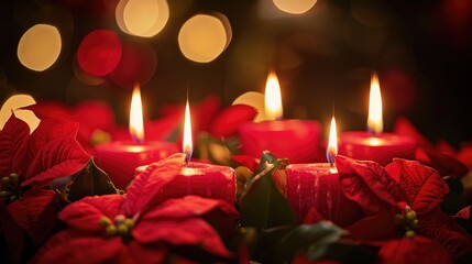Burning candles in a red floral advent arrangement