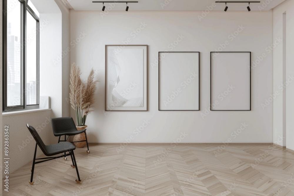 Poster an empty room with a chair and three frames on the wall, suitable for minimalist interior design or 