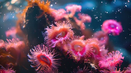 Exotic marine aquarium scenery with pink actinia Stunning underwater view Artistic depictions visuals close up nature shots Ecology animals animal study science