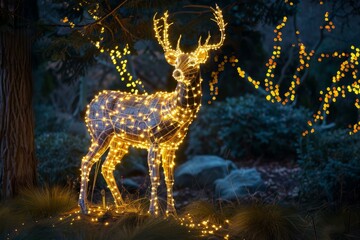 Glowing reindeer light sculpture at dusk, adorned with twinkling lights, adds magic to the holiday season