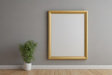 Gold Frame on Gray Wall, 3D rendering