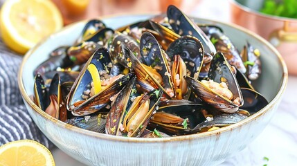 Fototapeta premium A table holds a bowl of mussels, a lemon wedge, and a glass of wine nearby