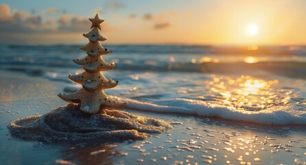 Obraz premium Sandcastle Christmas Tree on Beach at Sunset
