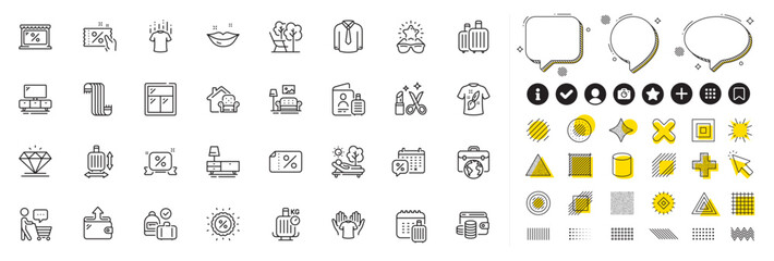 Set of Businessman case, Tv stand and Wallet line icons for web app. Design elements, Social media icons. Baggage calendar, Market, Furniture icons. Dresser, T-shirt design, Lips signs. Vector