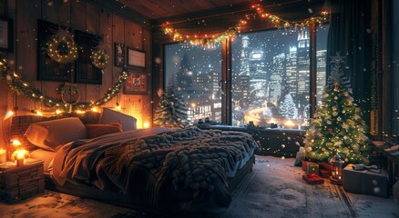 Cozy Christmas Bedroom With City View