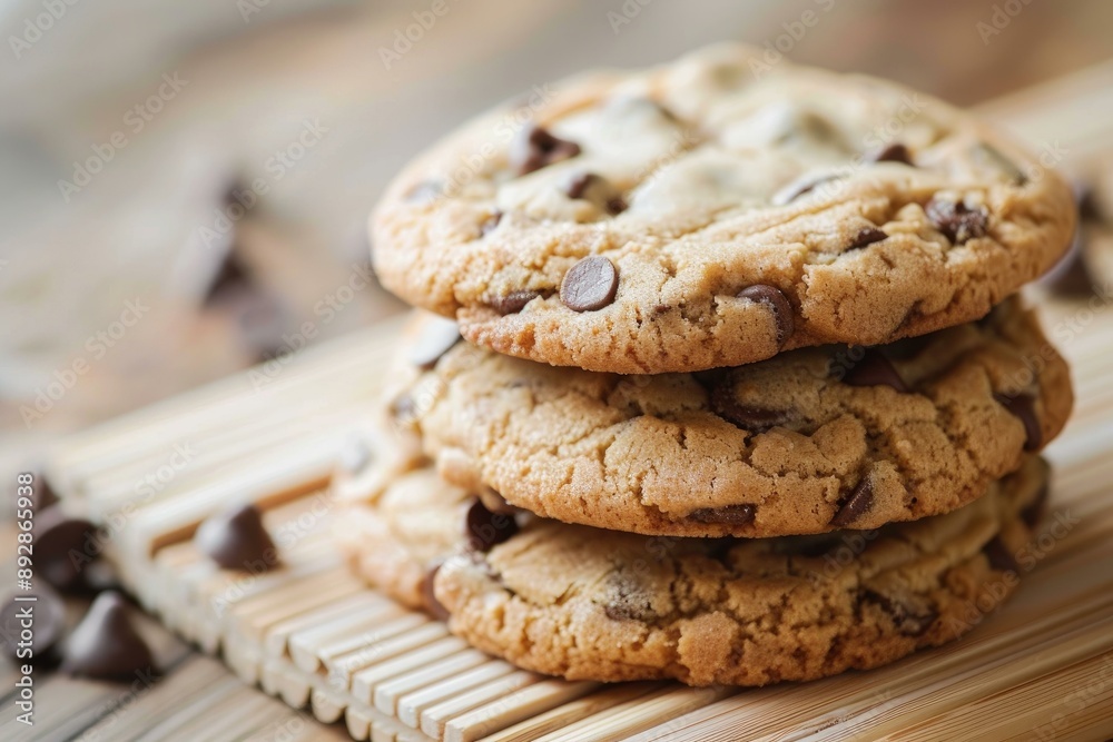 Sticker Stack of freshly baked chocolate chip cookies on a wooden mat with scattered chips