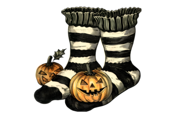 Two pairs of Halloween socks with creepy pumpkins vintage illustration