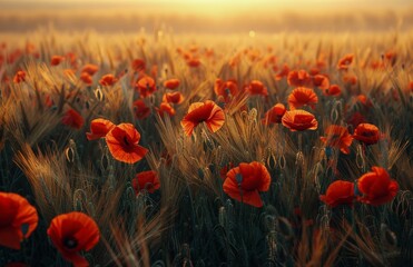 Obraz premium Poppy Field At Sunset