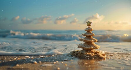Obraz premium Sandcastle Christmas Tree on Beach at Sunset