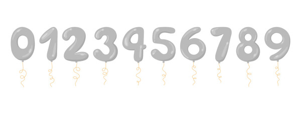 Balloons numbers vector set. Flat style helium balloons silver colored isolated on white background. Inflatable digits from 0 to 9 on string for Birthday, sale, anniversary designs