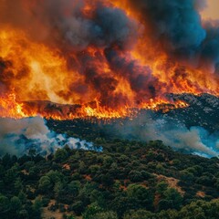 Fototapeta premium A wildfire rages through a forested hillside, billowing smoke into the sky. AI.